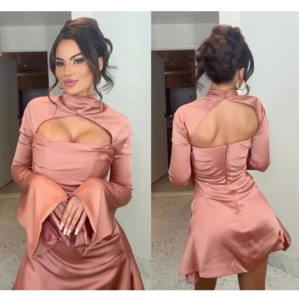 House of CB Satin Long Sleeve Dress in Blush